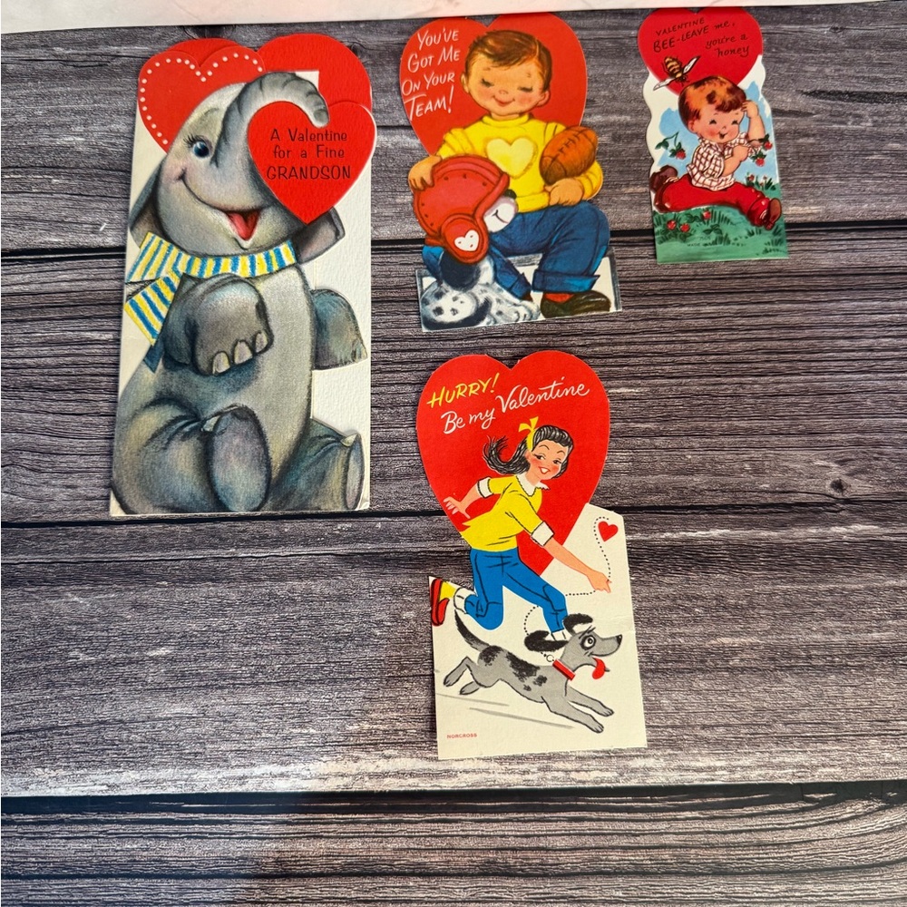 Vintage Valentine Cards set of 4 elephant football boy girl